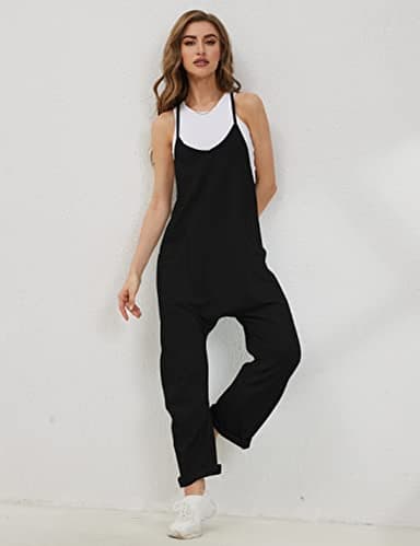 Lentta Women's Causal Jumpsuits V Neck Sleeveless Harem Overalls Stretchy Adjustable Strap Romper with Pockets(Black-L) - Image 3
