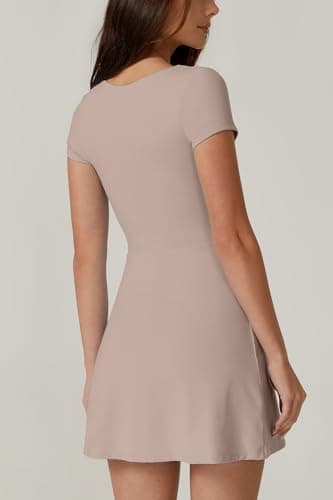 QINSEN Exercise Workout Dress for Women Square Neck Short Sleeve Flare Tennis Dress with Shorts Pockets Rose Taupe XL - Image 2