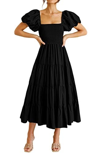 PRETTYGARDEN Women's Casual Summer Midi Dress Puffy Short Sleeve Square Neck Smocked Tiered Ruffle Dresses (Black,Medium) - Image 1