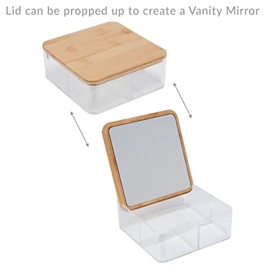 Simplify 3 Compartment Organizer with Bamboo Lid | Mirror | Perfect for Jewelry | Cosmetics | Accessories | Vanity & Countertop | Keepsake Storage Box | Clear - Image 4