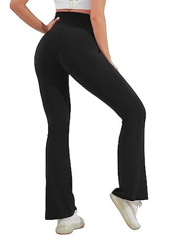 HEGALY Women's Maternity Flare Leggings Over The Belly - Casual Pregnancy Yoga Pants with Pockets Buttery Soft Black - Image 2