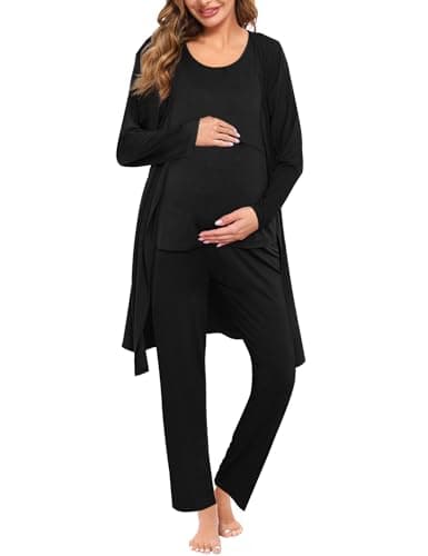 SWOMOG Maternity Nursing Robe Set 3 PCS Women Postpartum Pajamas Breastfeeding Labor Delivery Hospital Pregnancy Pjs (Black, Medium) - Image 1