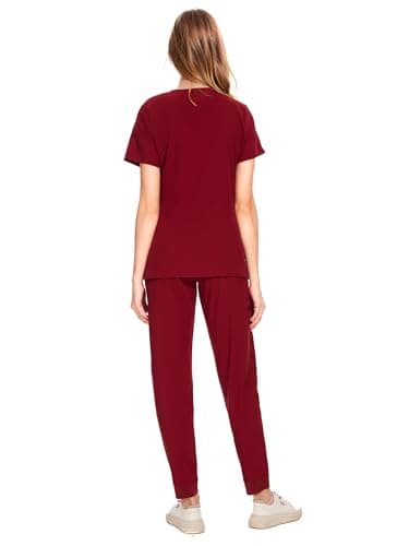 COZYFIT Medical Scrubs for Women Set - Curved V-Neck Scrub Top & Jogger Pants with 8 Pockets - Burgundy, M - Image 2