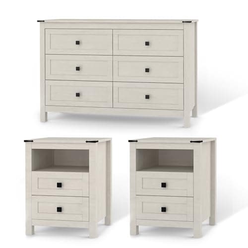 CATMIX Farmhouse Bedroom Set, 3 Pieces Bedroom Furniture Set, Rustic Wood 6 Drawer Dresser and Nightstands, Chest of Drawers Wide Storage Organizer Cabinet for Bedroom - Image 1