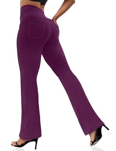 VOOVEEYA Women's Bootcut Leggings - Bootleg Yoga Pants Flare with 4 Pockets,Tummy Control High Waisted Casual Dress Pants(Bootcut-Deep Purple-L) - Image 1