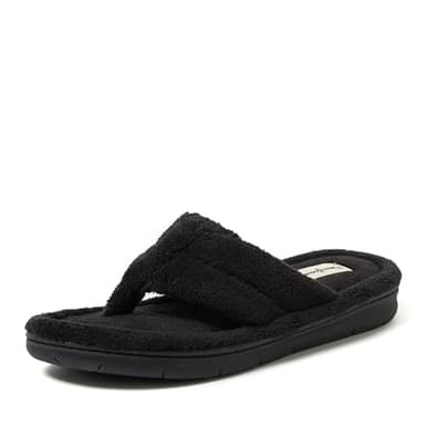 Dearfoams Women's Melanie Terry Thong Slipper, Black, 9-10 - Image 1