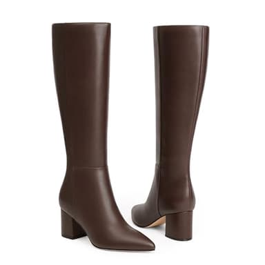 Easyfox Brown Womens Tall Boots Knee High Brown Leather Boot Womens Knee High Boots Pointed Toe Fall Chunky Heeled Long Boot Size 7.5 - Image 2