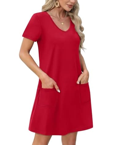 OFEEFAN Womens Summer Dresses Vestidos De Verano para Mujer Loose V Neck T Shirts Casual Dress Sundresses Swing Coverup Beach Vacation Essentials Fashion A Red M - Image 3