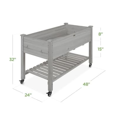 Best Choice Products Raised Garden Bed 48x24x32-inch Mobile Elevated Wood Planter w/Lockable Wheels, Storage Shelf, Protective Liner - Gray - Image 2