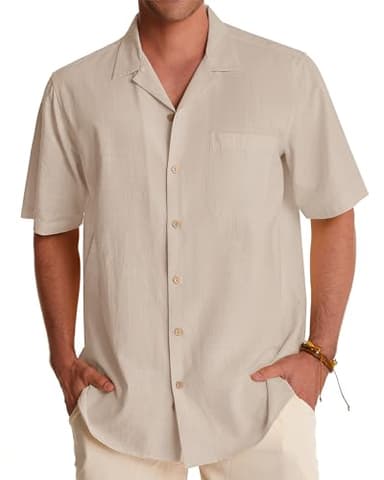 Alimens & Gentle Short Sleeve Button Down Shirts Linen Shirts for Men Cotton Summer Beach Cuban Shirts Vacation Hawaiian Shirts Beige - Image 4