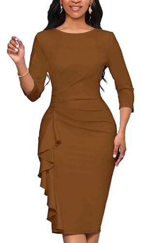 Brown Dress Sexy 3/4 Sleeve Ruched Church Simi Formal Pencil Midi Sheath Dress(Brown XXX-Large) - Image 2