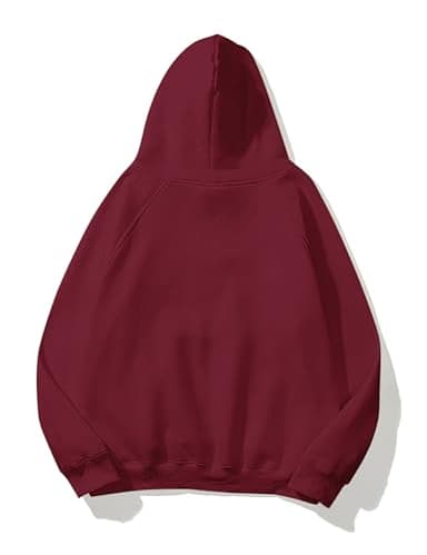 Lauweion Women Solid Basic Fleece Letter Loose Hoodie Sweatshirt Long Sleeve Kangaroo Pocket Drop Shoulder Pullovers Top Burgundy - Image 2