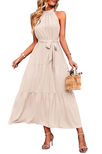PRETTYGARDEN Women's Summer Maxi Sun Dress Sleeveless Halter Neck Flowy Ruffle Hem Long Boho Dresses with Belt (Solid Beige,X-Large) - Image 1