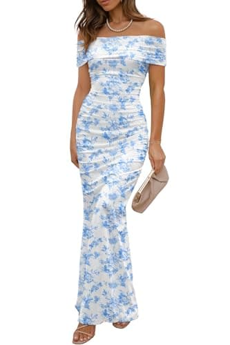 LUXVEER Women's Mesh Floral Dress 2025 Summer Off Shoulder Ruched Bodycon Long Maxi Fitted Night Out Wedding Guestes Dresses Blue - Image 1