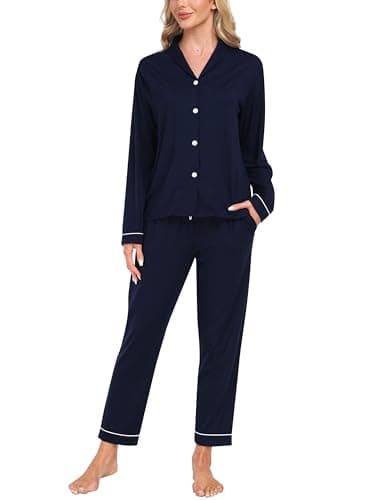 Womens Pajama Sets Long Sleeve Button Down Sleepwear 2 Piece Soft Pjs Nightwear Comfy Pj Set with Pockets Navy Blue S - Image 1