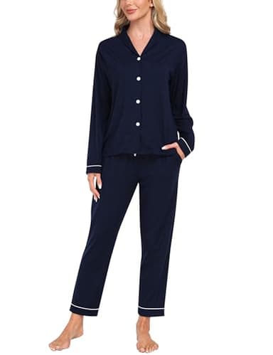 Womens Pajama Sets Long Sleeve Button Down Sleepwear 2 Piece Soft Pjs Nightwear Comfy Pj Set with Pockets Navy Blue S - Image 1