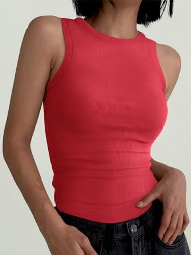 ANRABESS Womens Sleeveless High Neck Tank Tops Fashion Summer Casual Basic Slim Fit Ribbed Racerback Top Shirt Clothes Red-M - Image 2