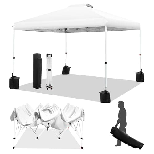 WEIZE Pop up Canopy Tent 10x10ft, 1-Button Push Setup, Instant Portable Shelter, Adjustable Height, Portable Roller Bag, 4 Weight Bags, Guy Ropes & Stakes Included, White - Image 1
