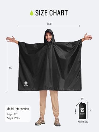 SaphiRose Hooded Rain Poncho Waterproof Raincoat Jacket for Men Women Adults (Black) - Image 7