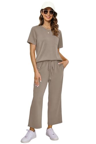 OFEEFAN Womens Plus Size Lounge Set Casual Summer Two Piece Cruise Outfits Spring Short Sleeve Tracksuit Wide Leg Airport Loungewear Travel Clothing Women's Beach Vacation Clothes Khaki 3XL - Image 4