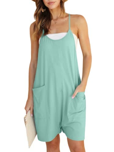 DEEP SELF Rompers for Women, V Neck Sleeveless, Adjustable Spaghetti Strap Summer Jumpsuit with Pockets (B-Cyan, Small) - Image 1