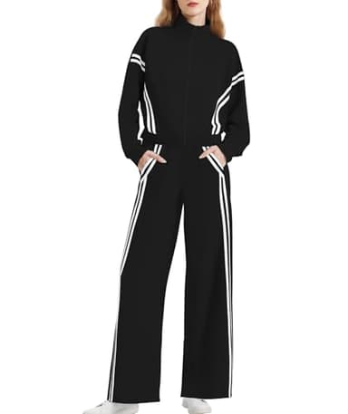 Casly Lamiit Womens Two Piece Lounge Sets Fall Track Outfits Sweatsuit Stripes Sweatshirt Jogger Pants 2025 Fashion Travel Airport Activewear Black L - Image 1
