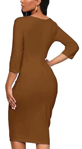 Brown Dress Sexy 3/4 Sleeve Ruched Church Simi Formal Pencil Midi Sheath Dress(Brown XXX-Large) - Image 5