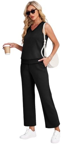 WIHOLL Two Piece Sets for Women Dressy Fashion V Neck Clothing Wide Leg Pants Travel Outfits Cruise Outfits for Women 2025 Black M - Image 2