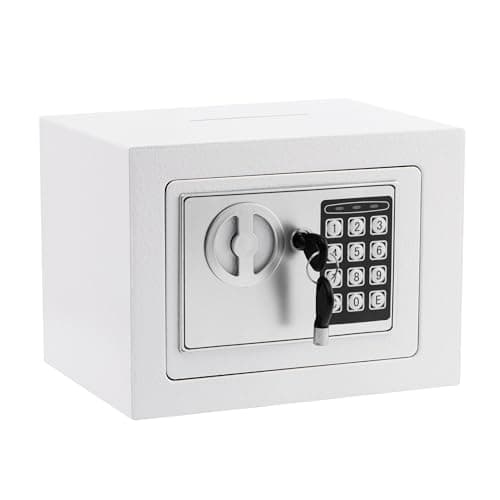 Small Safe Box With Digital Keypad & Keys - 9.05 x 6.7 x 6.7 Inches Wall Safe 0.23 Cuft Mini Security Lock for Coin Home Office Hotel Rooms Business Jewelry Gun (White) - Image 1