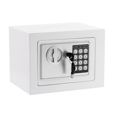 Small Safe Box With Digital Keypad & Keys - 9.05 x 6.7 x 6.7 Inches Wall Safe 0.23 Cuft Mini Security Lock for Coin Home Office Hotel Rooms Business Jewelry Gun (White) - Image 1