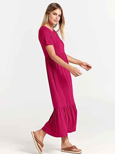 ANRABESS Womens 2025 Summer Casual Maxi Dress A line Tiered Flowy Short Sleeve Crewneck T Shirt Beach Travel Long Dresses Medium Rose - Image 4