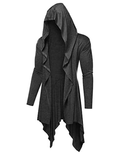 COOFANDY Men's Long Hooded Cardigan Ruffle Shawl Collar Open Front Lightweight Drape Cape Overcoat with Pockets Dark Grey - Image 1