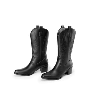 DREAM PAIRS Women's Square Toe Cowboy Cowgirl Boots Embroidered Mid Calf Western Boots Fashion Dress Low Chunky Heel Boots for Theme Party Country Concert,Size 8.5,Black-Pu,DWUMMB2502 - Image 4