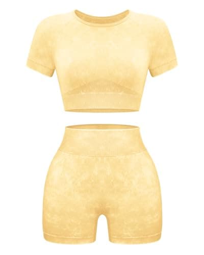 OLCHEE Womens Workout Sets 2 Piece - Seamless Acid Wash Yoga Outfits Leggings Shorts and Crop Top Matching Gym Activewear Athletic Clothing Set - Yellow Medium - Image 1