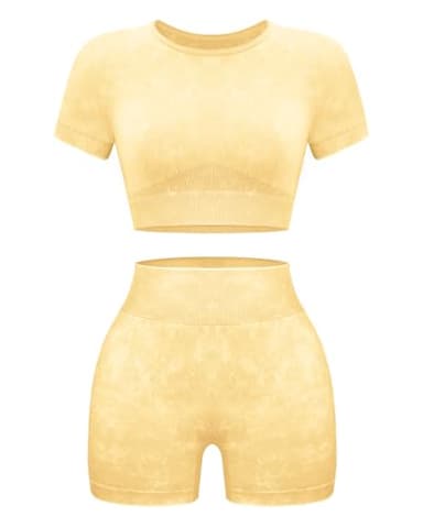 OLCHEE Womens Workout Sets 2 Piece - Seamless Acid Wash Yoga Outfits Leggings Shorts and Crop Top Matching Gym Activewear Athletic Clothing Set - Yellow Medium - Image 1