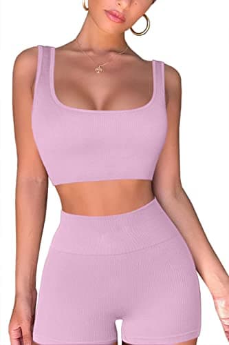 QINSEN Workout Sets for Women 2 Piece Seamless Ribbed Crop Tank High Waist Shorts Yoga Outfits (L, Dusty Pink) - Image 3