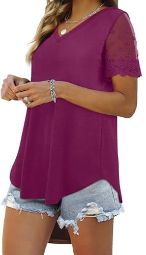 OFEEFAN Summer Outfits for Women Dressy Casual Tops Loose Fit Short Sleeve Shirts Mauve XL - Image 2