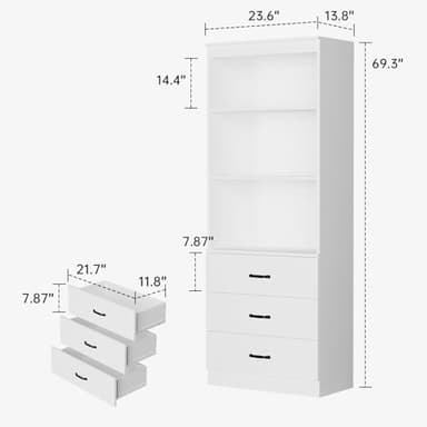 oneinmil 70" H 6-Tier Bookshelf with 3 Drawers, White Bookcase with 3-Tier Open Shelves, Tall Book Shelf with Storage Space, Wooden Storage Cabinet for Living Room, Bedroom, Office (White, 6-Tier) - Image 2