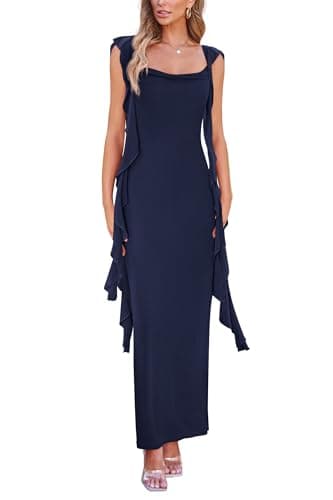 PRETTYGARDEN Women's 2025 Summer Wedding Guest Dress Sleeveless Ruffle Formal Cocktail Party Maxi Bodycon Dresses (Navy,Small) - Image 1