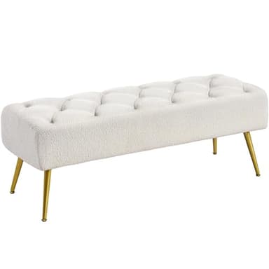 Yaheetech Modern Ottoman Bench Boucle Bench Upholstered Footrest for Living Room with Gold Metal Legs and Padded Seat Ivory - Image 1