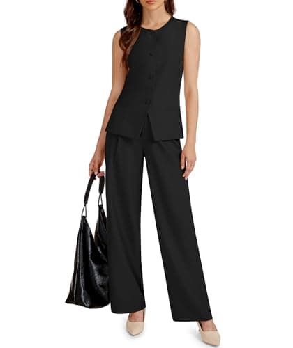 Casly Lamiit Business Casual Outfits for Women Two Piece Sets Blazer Round Neck Vest Pocket Pants Work Matching Set Interview Suits Black S - Image 1