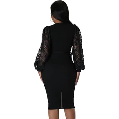Black Church Dresses for Women Pencil Work Dresses Lace Batwing Sleeve V Neck Bodycon Dress Elegant Cocktail Party Black XL - Image 3