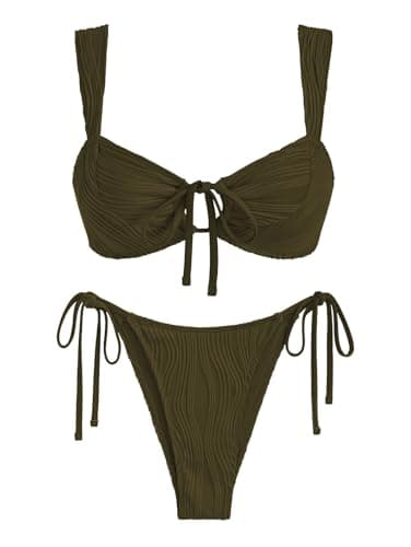 ZAFUL Women's Cinched Bikini Solid Color Wave Textured Knotted Tied Side Two Piece Swimsuit Bathing Suits (Army Green, M) - Image 1