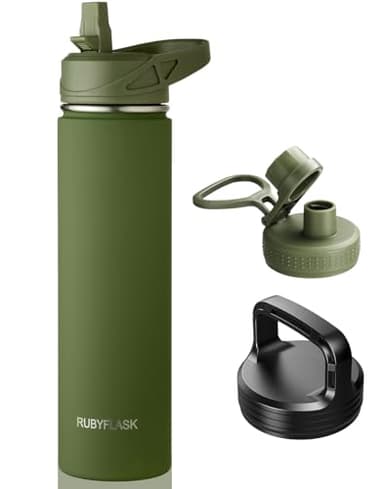 RUBYFLASK 24oz Insulated Water Bottle with Straw, Stainless Steel Metal Vacuum Water Flask, Large Thermal Water bottle with Leakproof 3 Lids for Travel, Camping, Gym Sports Armygreen - Image 1