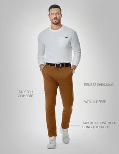 JMIERR Men's Stretch Chino Pants Business Casual Essentials Elastic Waist Classic Fit Tapered Cotton Twill Work Athletic Golf Dress Trousers, M, Camel Brown - Image 7