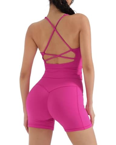 SUUKSESS Women 2 Piece Workout Sets Hidden Scrunch Butt Lifting Yoga Shorts with Pockets Backless Strappy Padded Tank Tops Outfits (Peach, M) - Image 2