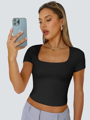 Trendy Queen Tshirts Shirts for Women Double Lined Going Out Crop Tops 2025 Spring Summer Workout Y2k Clothes Beach Fashion Black L - Image 5