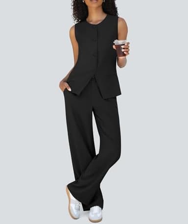 Casly Lamiit Business Casual Outfits for Women Two Piece Sets Blazer Round Neck Vest Pocket Pants Work Matching Set Interview Suits Black S - Image 3