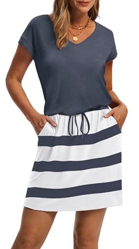 Dresses for Women 2025 Summer Dresses Loose V Neck Vacation T Shirt Tie Waist Dress Sundresses with Pockets Stiped Floral M Blue White - Image 3