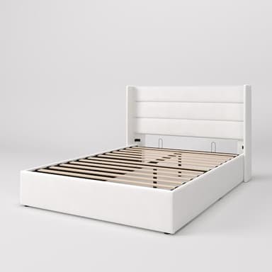 SHA CERLIN Queen Size Lift Up Storage Bed/Velvet Upholstered/Modern Wingback Headboard/Upholstered Platform Bed Frame/Hydraulic Storage/No Box Spring Needed/White - Image 6